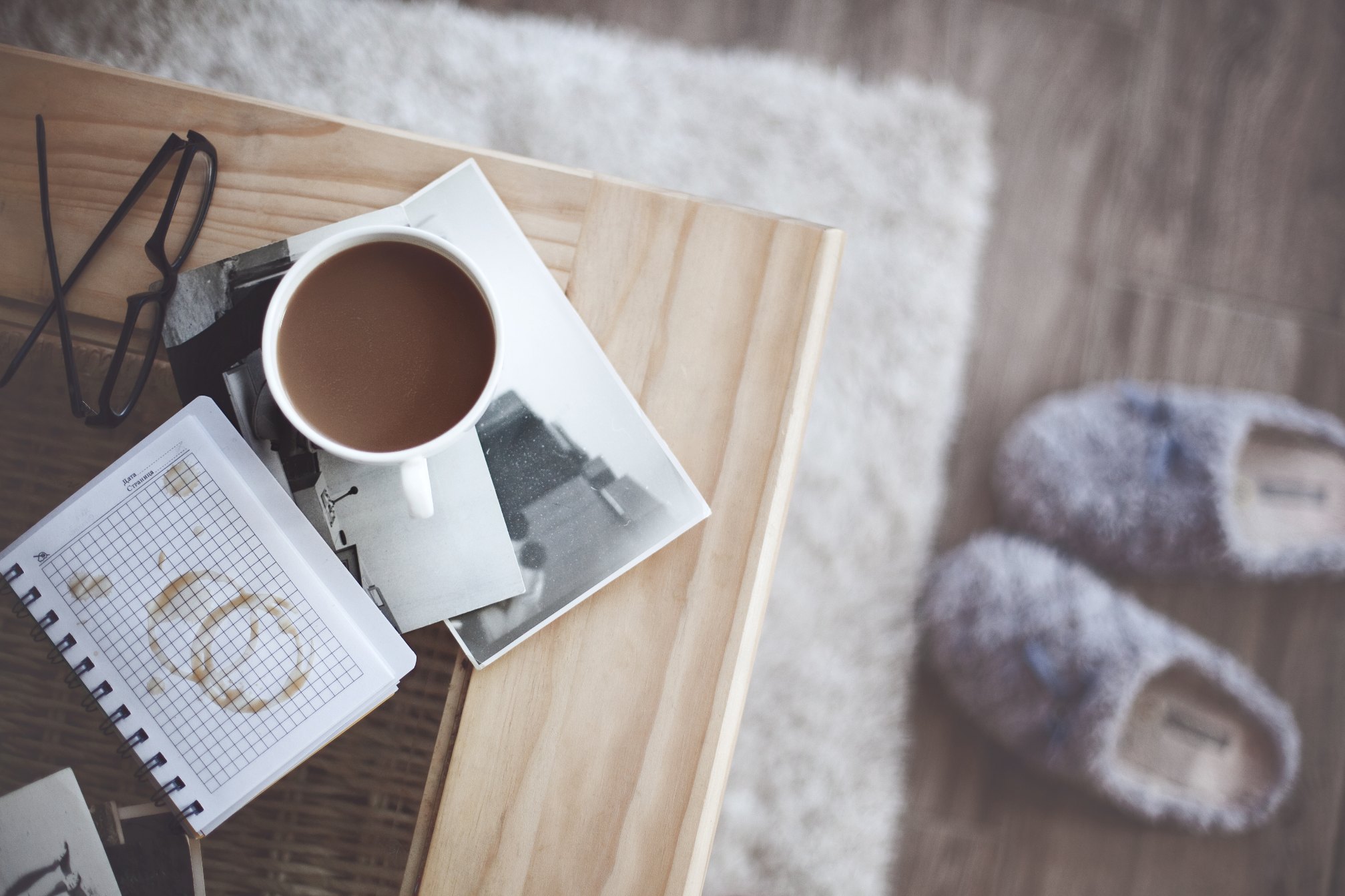 coffee stains glasses slippers